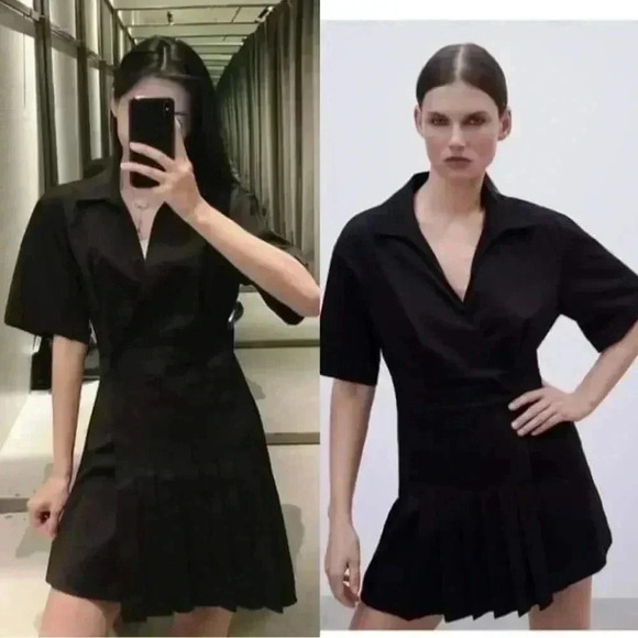 Zara Women's M Stretch Poplin Dress Black Pleated Collared Cotton Mini NEW - Picture 1 of 9